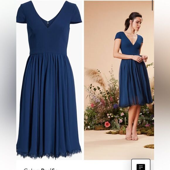 Dress The Population Corey Chiffon Fit & Flare Cocktail Dress Size L Navy Blue - Picture 4 of 13